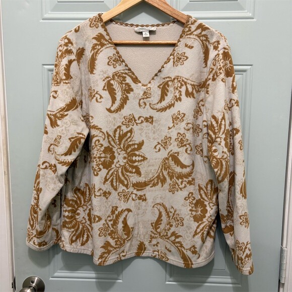 Coldwater Creek Sweaters - Coldwater Creek Sweater Womens XL Gold Cream Floral Fleece Pullover V-Neck